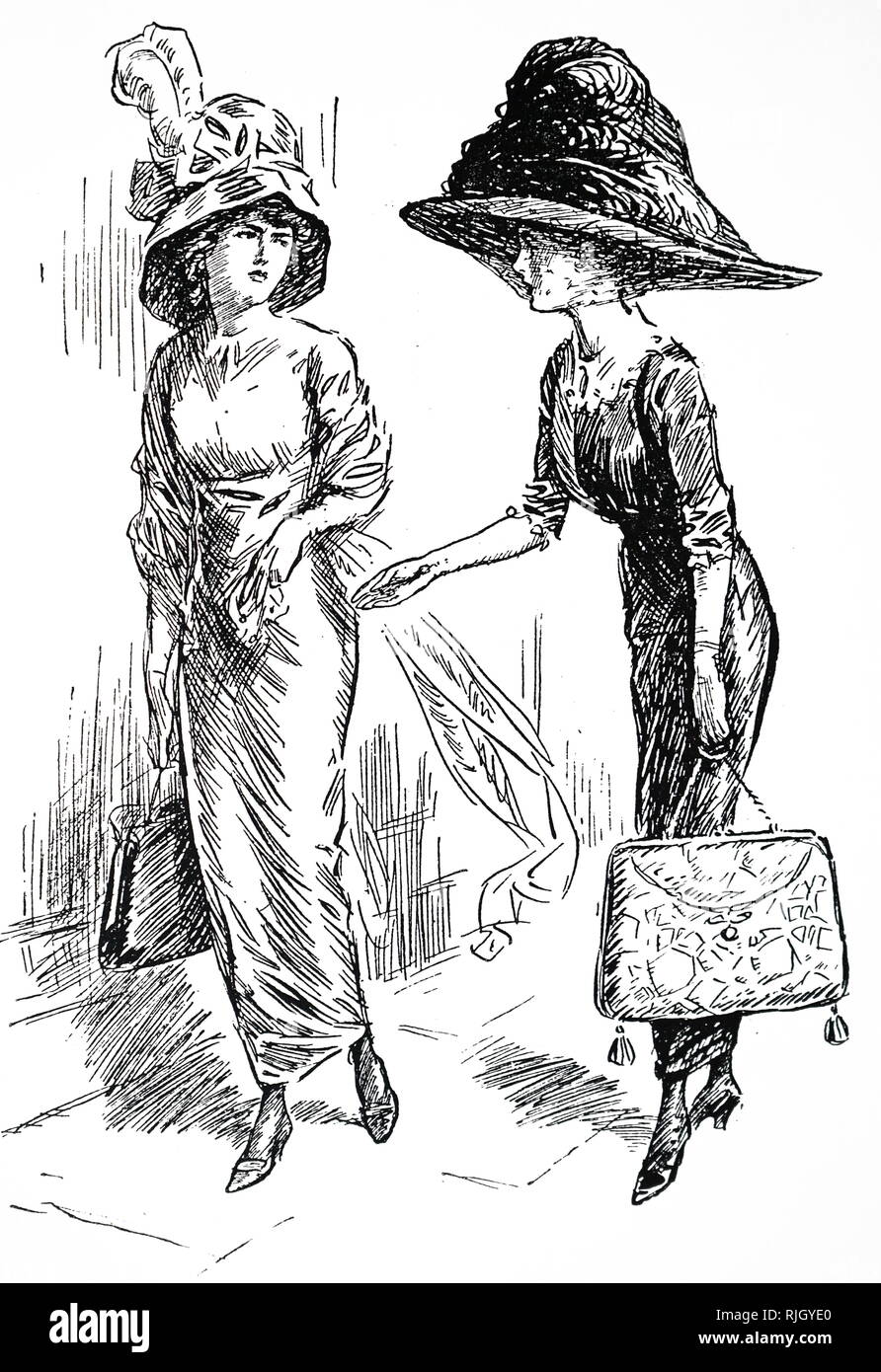 Ein Cartoon mit dem Titel "sklavinnen der Mode". Große Handtaschen und Hüte wurden sehr in Mode in 1910. Vom 20. Jahrhundert Stockfoto