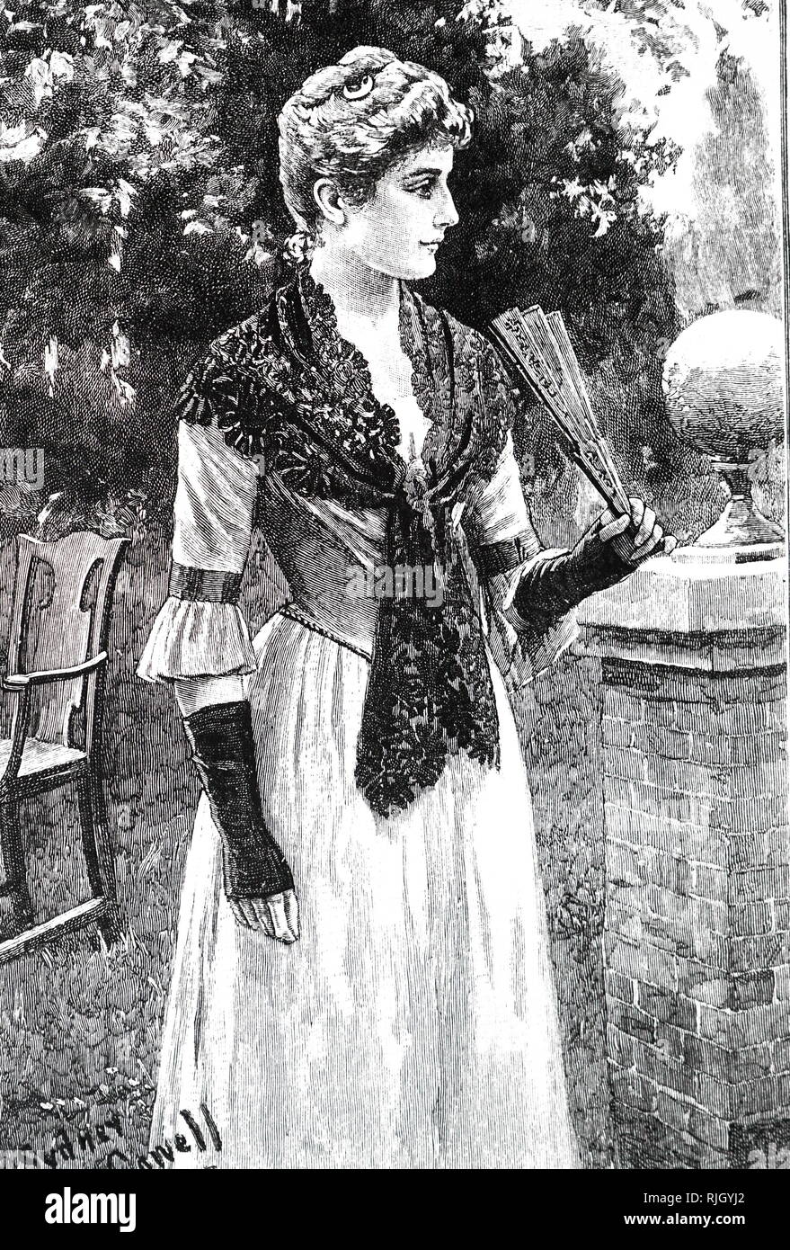 Eine Gravur, eine Dame tragen Handschuhe, einen Ventilator, und das Tragen eines lace Schal. Vom 19. Jahrhundert Stockfoto