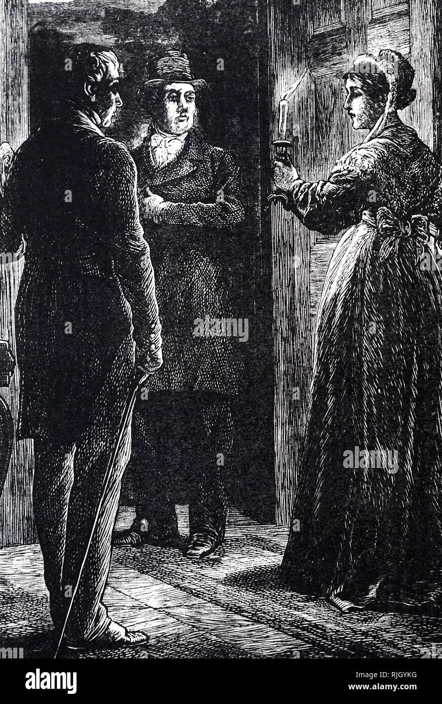 Eine Gravur, eine Dame an eine offene Tür, Leuchter in der Hand. Illustriert von John McL Ralston (1868-1889). Vom 19. Jahrhundert Stockfoto