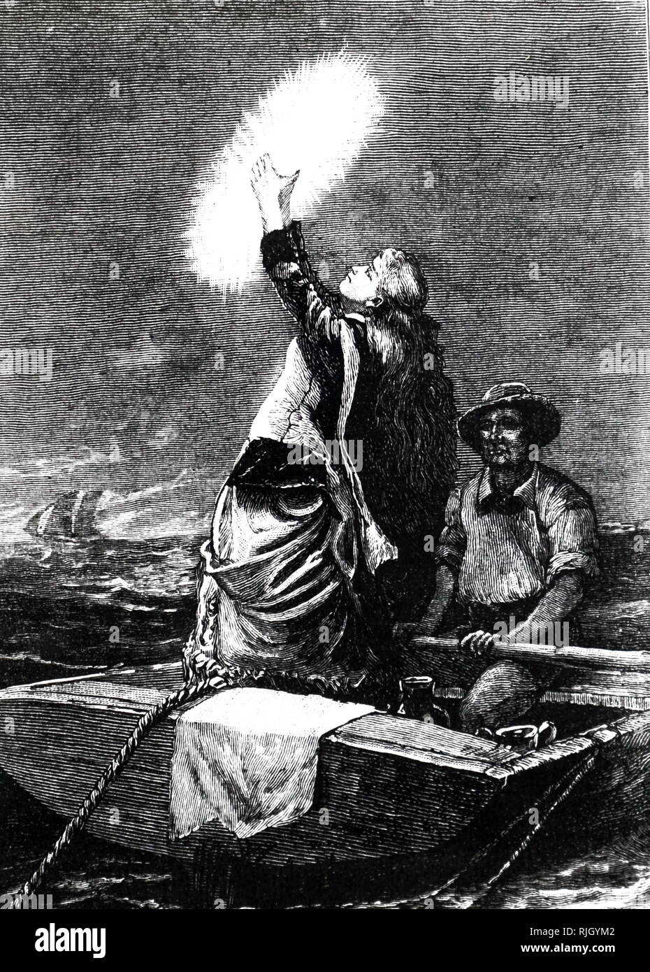 Ein kupferstich mit der Darstellung eines Schiffbrüchigen Frau mit einem riesigen pyrosome - Pyrasoma giganteum - eine höchst phosphoreszierende zusammengesetzten Organismus, ein Schiff zu signalisieren. Vom 19. Jahrhundert Stockfoto