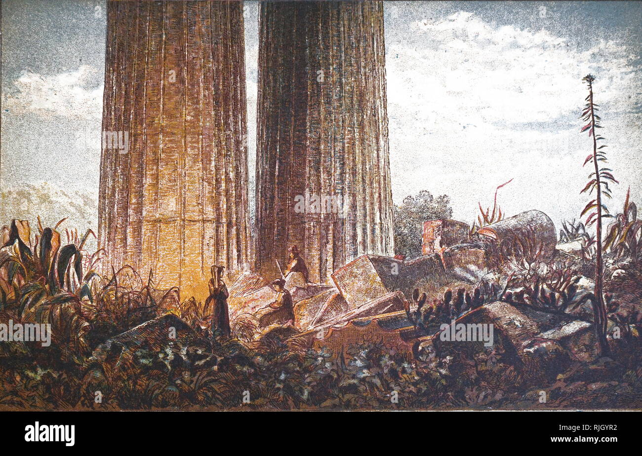 Eine chromolithograph Darstellung der Tempel von Riesen, Sizilien, auf der Basis von zwei großen Spalten noch stehen, und große Blöcke der gefallenen Mauerwerk. Vom 19. Jahrhundert Stockfoto