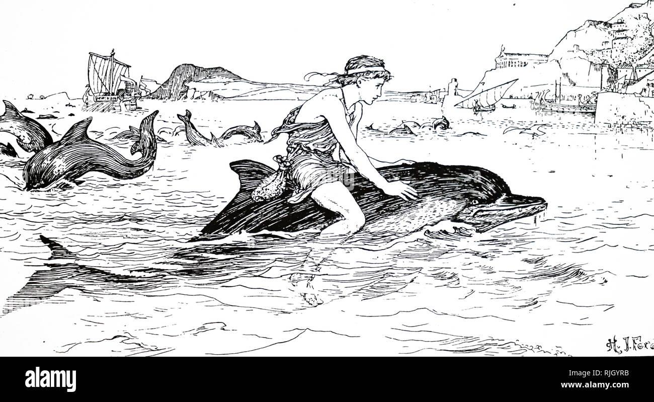 Eine Gravur, ein Junge reitet auf einem freundlich Delphin. Auf der Grundlage eines Berichts von Plinius dem Älteren (23 AD 79 AD) eine römische Autor, Naturforscher und Philosoph, Marine und Armee Kommandant der frühen römischen Reich. Vom 19. Jahrhundert Stockfoto