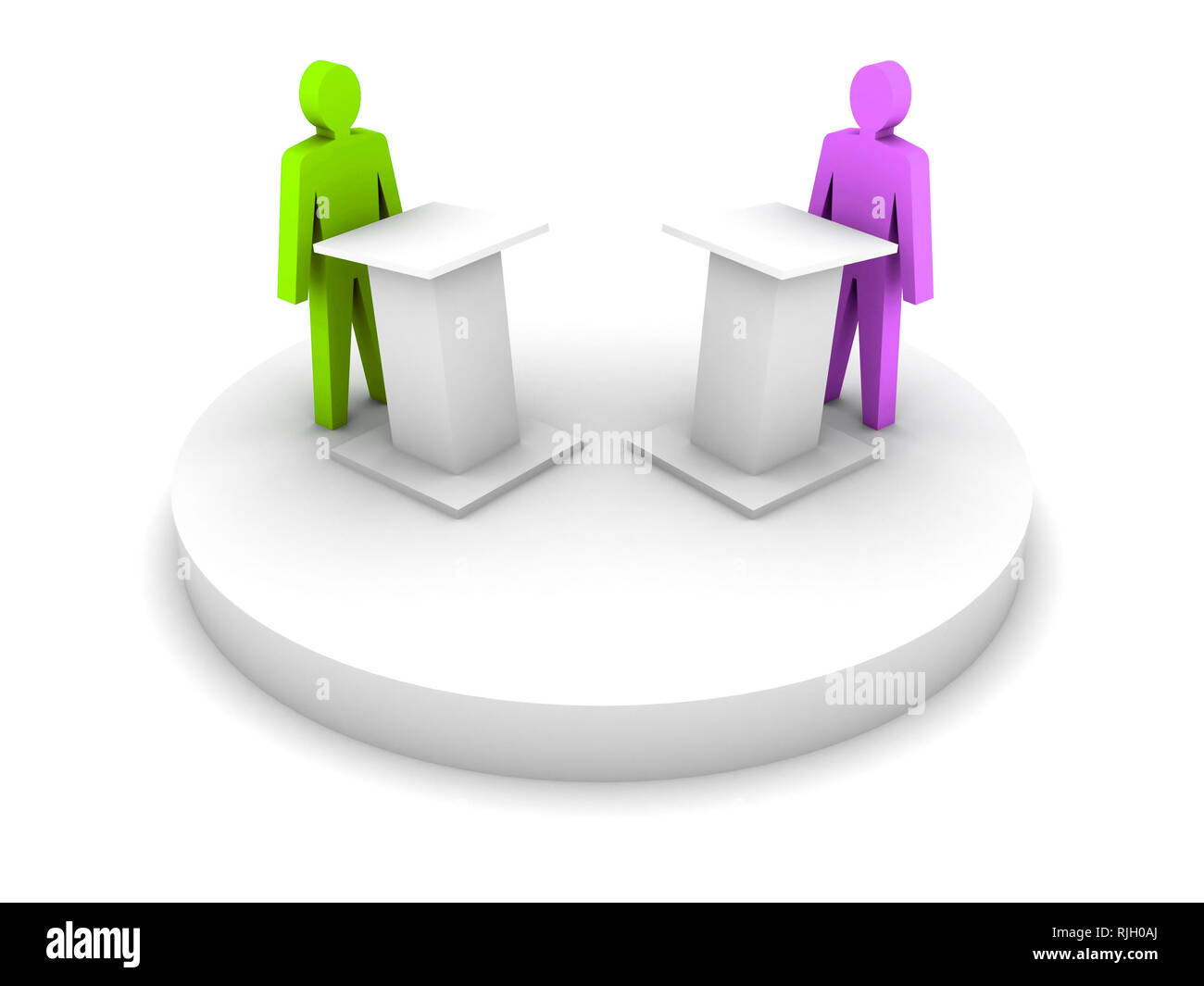 Debatte. Sprechen von einer Tribüne, Konfrontation. Stockfoto