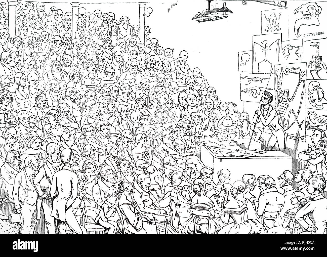 Ein Cartoon, Richard Owen, ein Freitag abend Diskurs an der Royal Institution in Großbritannien, eine Organisation, die wissenschaftliche Ausbildung und Forschung gewidmet, auf prähistorischen Tieren. Illustriert von Richard Doyle (1824-1883) eine bemerkenswerte Illustrator der viktorianischen Ära. Vom 19. Jahrhundert Stockfoto