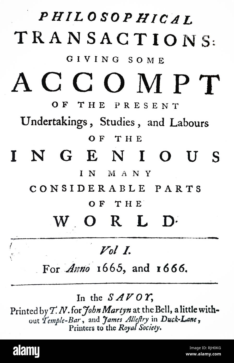 Titel von "Philosophical Transactions Band I, die von der Royal Society in London 1666 veröffentlicht. Die erste Ausgabe des Philosophischen Transaktionen war der weltweit älteste wissenschaftliche Zeitschrift. Vom 17. Jahrhundert Stockfoto