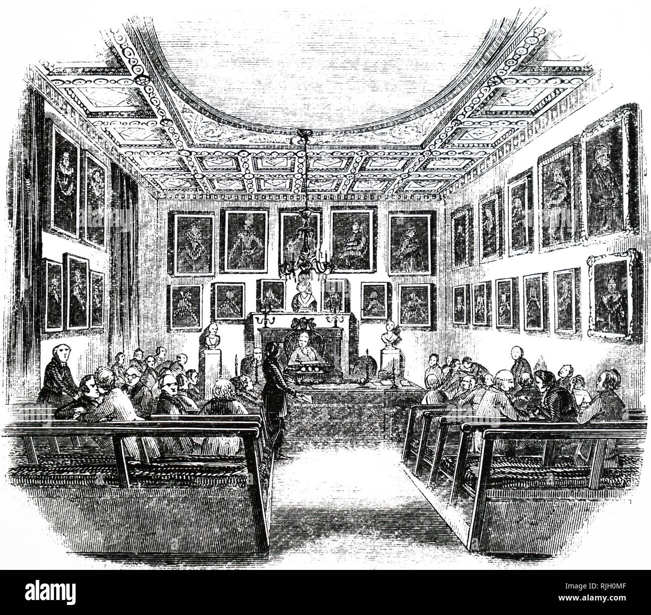 Ein kupferstich mit der Darstellung eines Treffens der Königlichen Gesellschaft in seinem Zimmer in Somerset House in London, die er nach Verlassen der Kran Hof 1780 und bevor das Burlington House in der Mitte des neunzehnten Jahrhunderts belegt. Vom 19. Jahrhundert Stockfoto