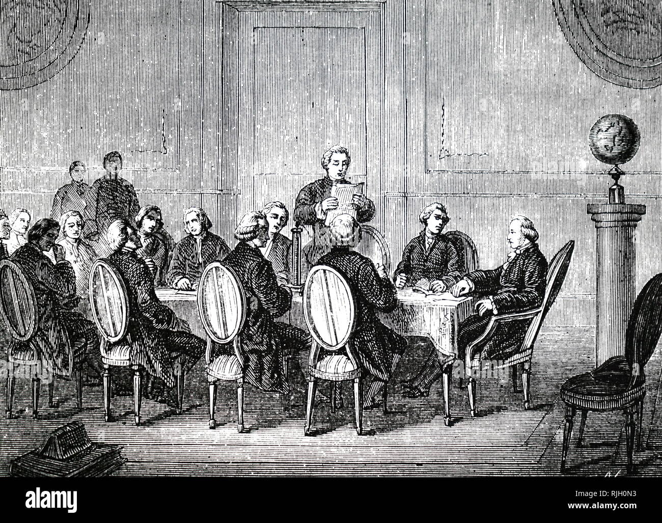 Eine Gravur, die Rekonstruktion eines Künstlers von der Sitzung der Royal Society im April 1800, als Joseph Banken lesen Sie auf das Schreiben der Gesellschaft Volta über seine elektrische Stapel (Teig). Vom 19. Jahrhundert Stockfoto