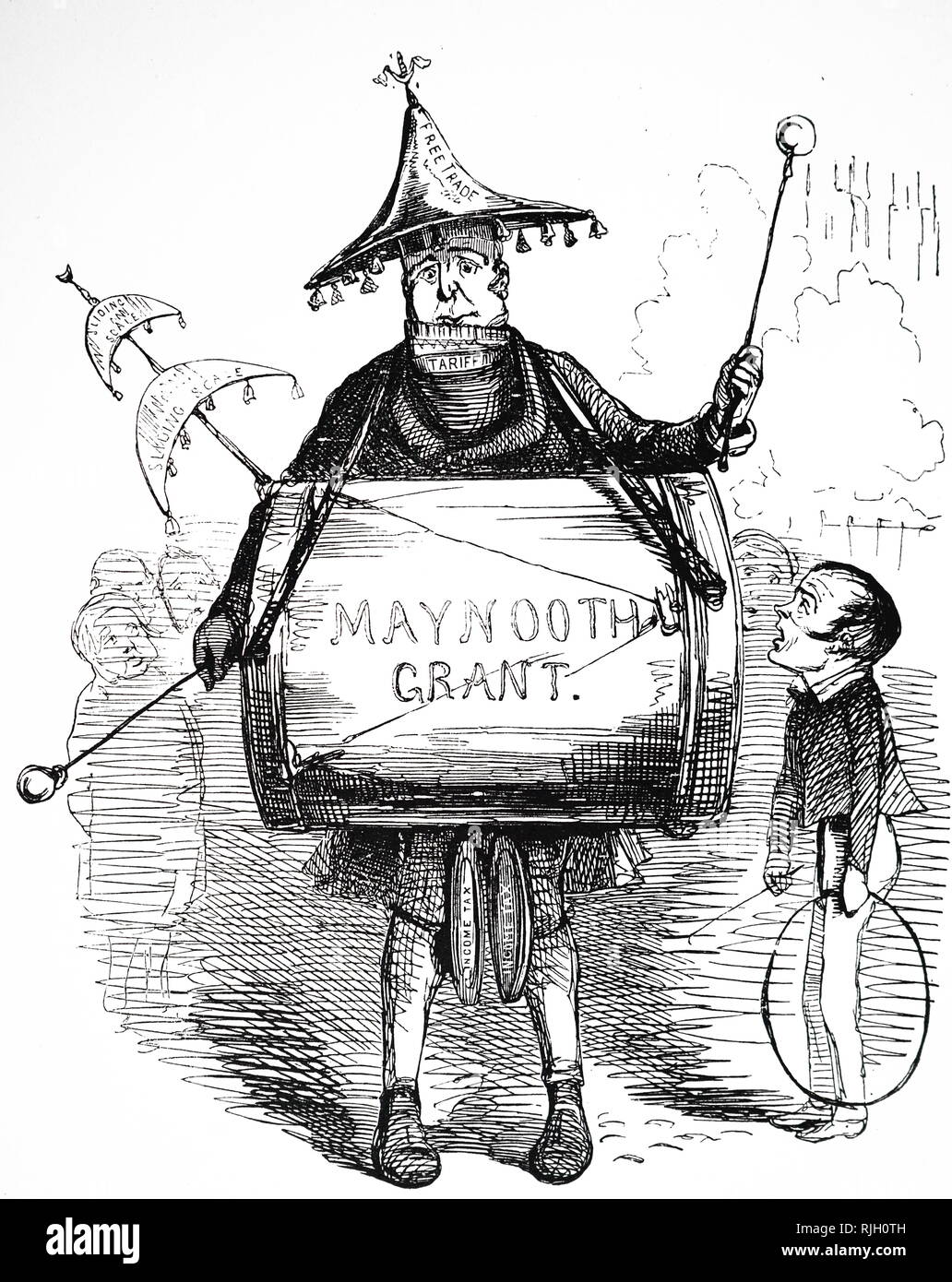 Ein Cartoon kommentierte die Maynooth College gewähren. Maynooth College, Irland, im Jahre 1795 durch das Europäische Parlament gegründet, ausgebildeten Studenten für die Römisch-katholische Priestertum. Im Juni 1845 erhielt es eine parlamentarische Award von £ 26.000 jährlich und eine Einmalzahlung in Höhe von £ 30.000 für Gebäude. Sir Robert Peel, der Premierminister ist der One-man-band, und Lord John Russell Trauben zu ihm hoch. Vom 19. Jahrhundert Stockfoto