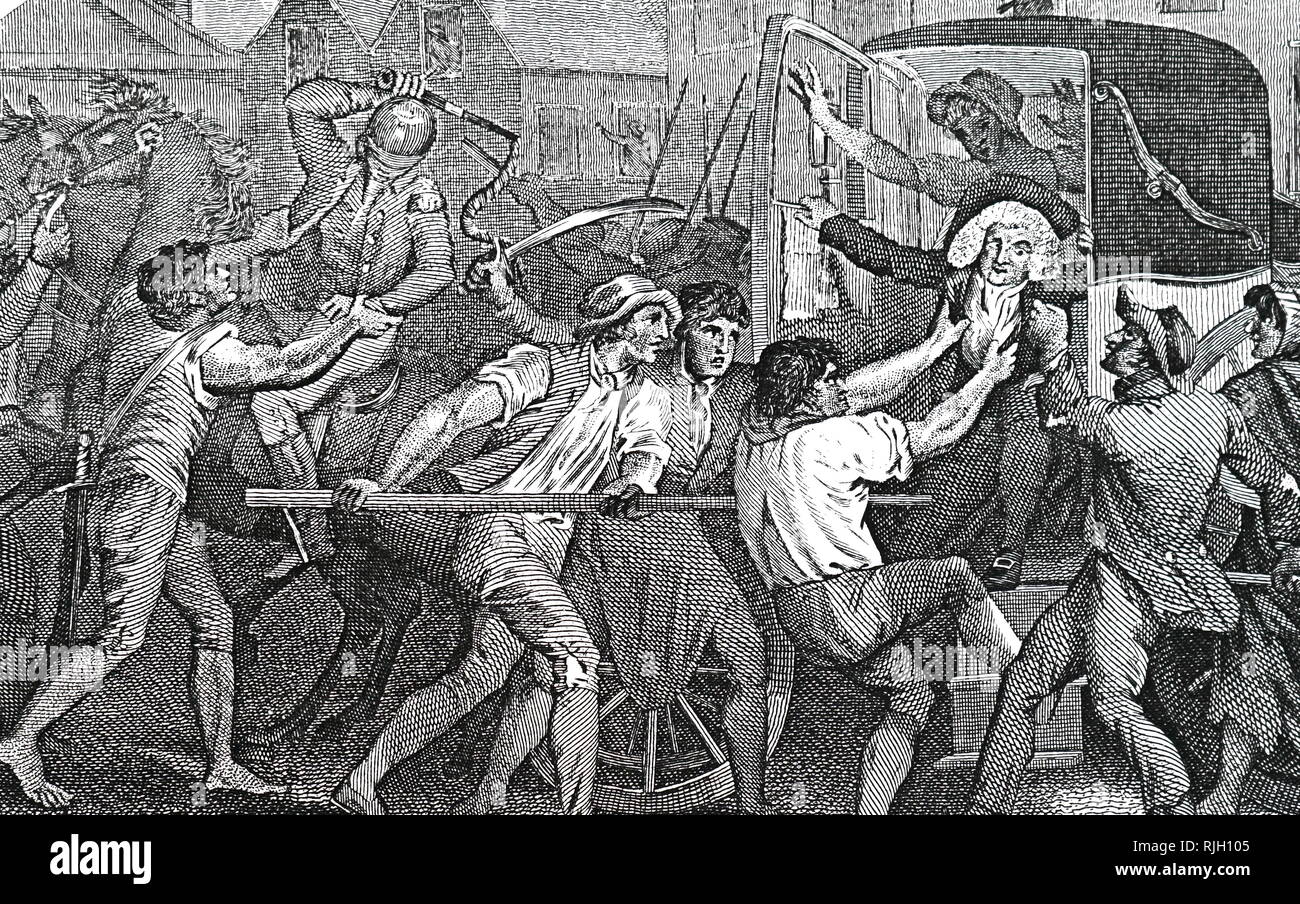 Ein Kupferstich mit der Darstellung der Ermordung von Arthur Wolfe, 1st Viscount Kilwarden (1739-1803) Irischer Peer, Politiker und Richter. Vom 19. Jahrhundert Stockfoto