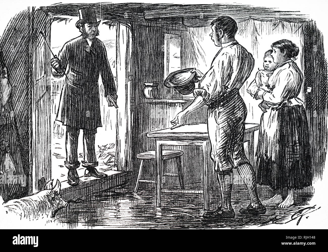 Eine Karikatur, die ein Vermieter, die Miete aus seinem Mieter, die nicht jeder Geld zu sammeln. Vom 19. Jahrhundert Stockfoto