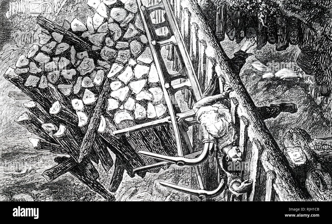 Ein kupferstich mit der Darstellung eines sledger zu Tode gequetscht durch eine volle Ladung Holz in die Wälder der Vogesen, Vogesen, Frankreich. Vom 19. Jahrhundert Stockfoto
