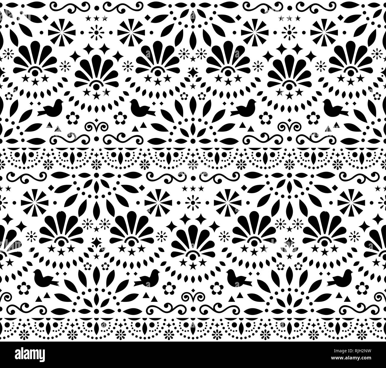 Mexikanische traditionelle Volkskunst Vektor nahtlose geometrische Muster mit Blumen und Vögeln, Schwarze und Weiße fiesta Design durch traditionelle Kunstform inspiriert Stock Vektor