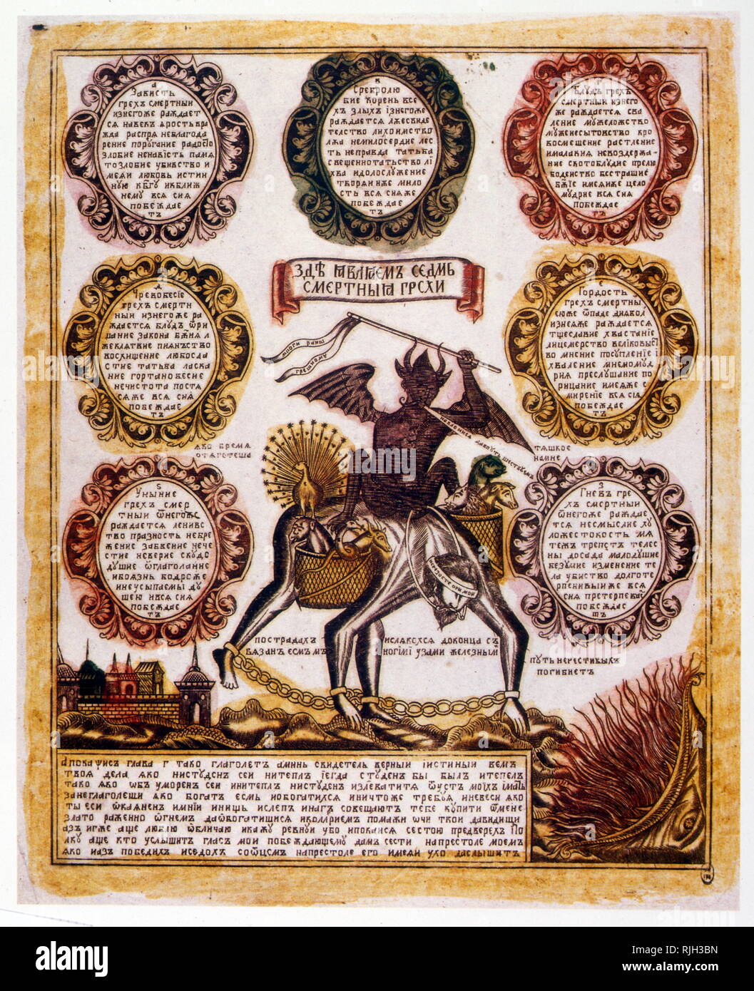 Jahrhundert Russische schematische Darstellung der Todsünden". Religiöse Fläche ca. 1850 Stockfoto