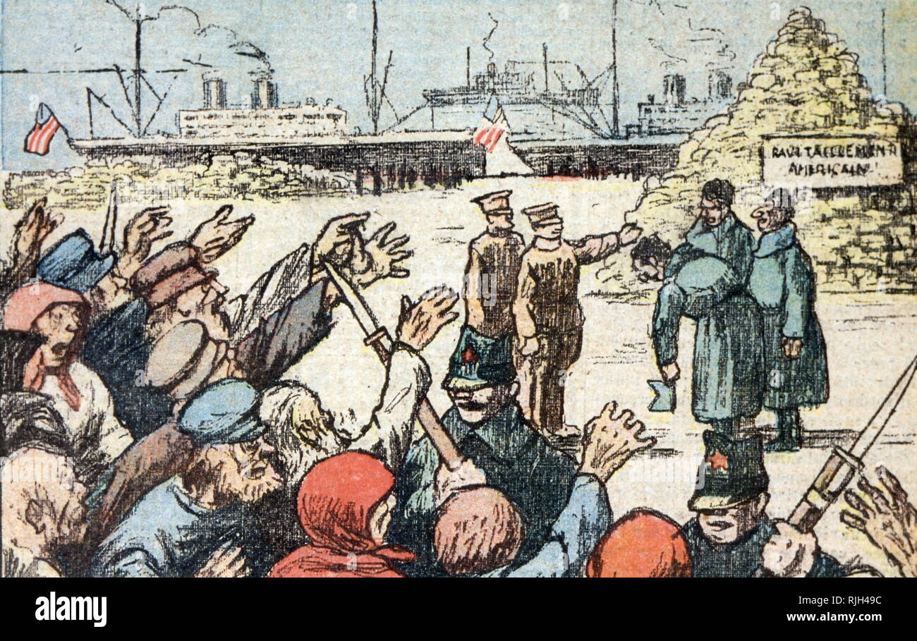 Französische anti-kommunistischen Abbildung kritische der sowjetischen Armee stehlen amerikanische Lieferungen von Zivilisten während der russischen Hungersnot von 1921 Stockfoto