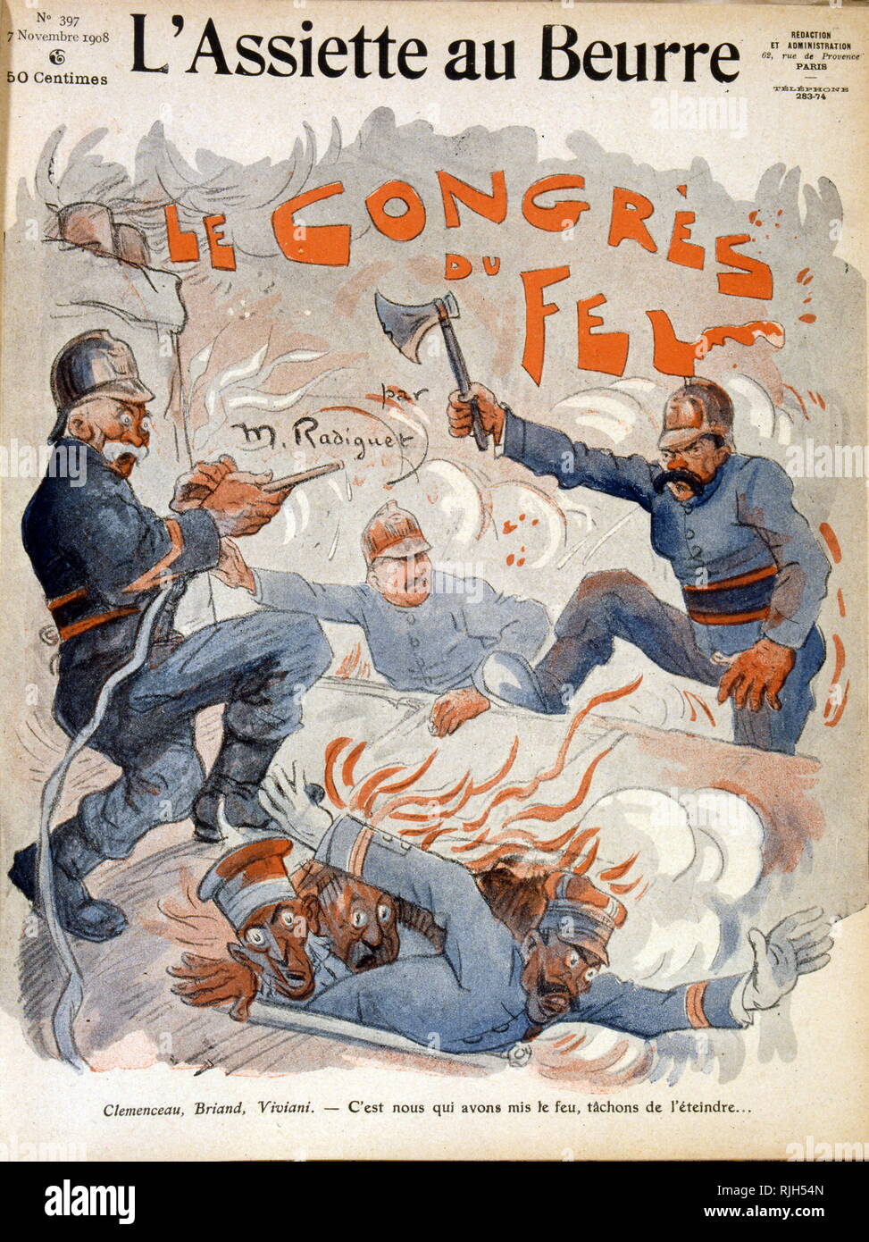 Karikatur, französischer Staatsmann Aristide Briand, Georges Clemenceau und René Viviani. 1908 Stockfoto
