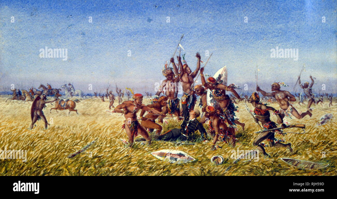 Le Prince Imperial in Zululand, 1879 getötet wird - 1879. Aquarell von Jean-Charles Pellerin (Französisch, 1756-1836). Der kaiserliche Prinz Eugen Napoleon Bonaparte (1856 - 1879), das einzige Kind war von Kaiser Napoleon III. Im Januar 1873 wurde er von der bonapartistischen Fraktion wie Napoleon IV., Kaiser der Franzosen proklamiert. 1879, serviert mit britischen Truppen, wurde er in ein Gefecht mit einer Gruppe von Zulus getötet. Stockfoto