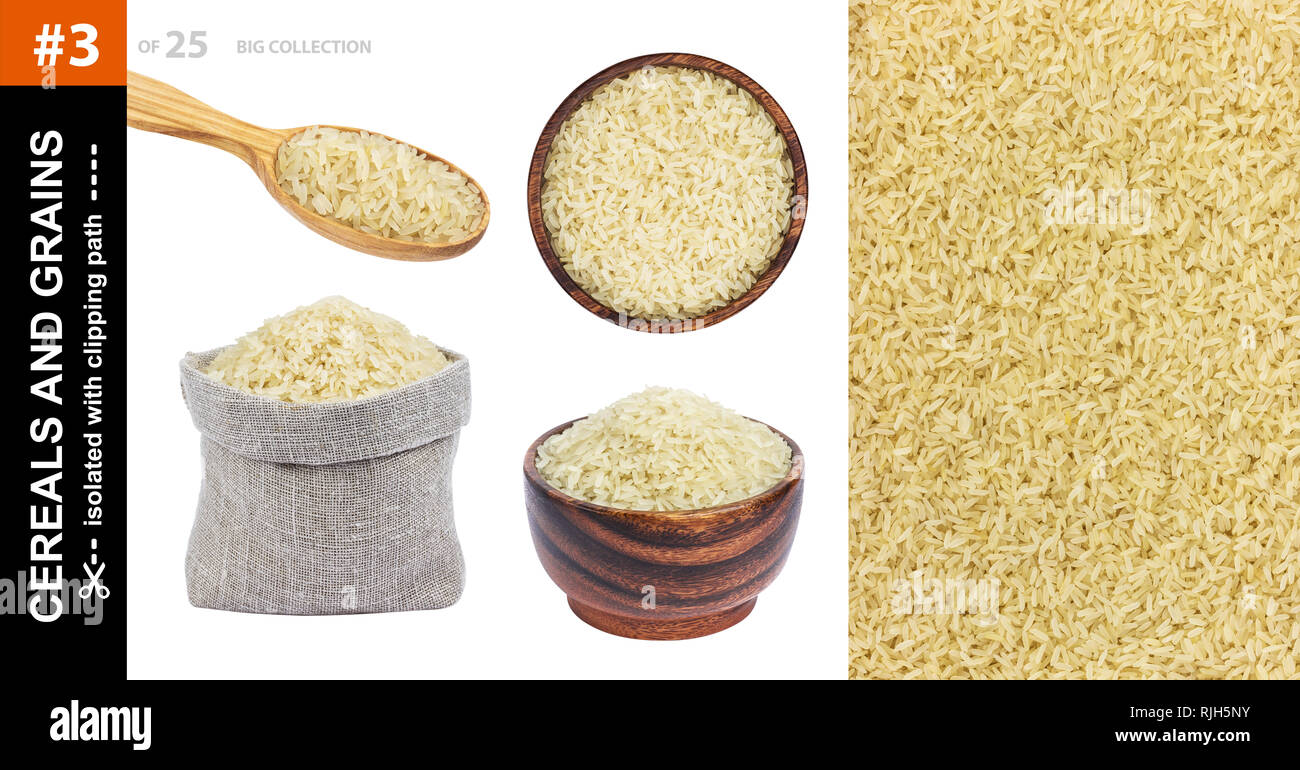 Parboiled Reis auf einem weissem Hintergrund Stockfoto