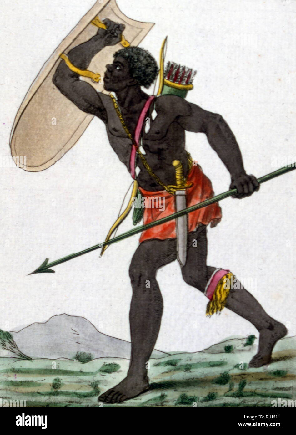 Jahrhundert, Französisch, Illustration, eine afrikanische Krieger mit Schild und Spieß Stockfoto
