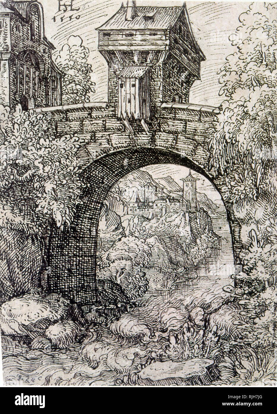 Landschaft mit Bridge Gate und Wasser; ca. 1550. Radierung von Hanns Lautensack (1524-C. 1560), deutscher Radierer und Zeichner. Stockfoto