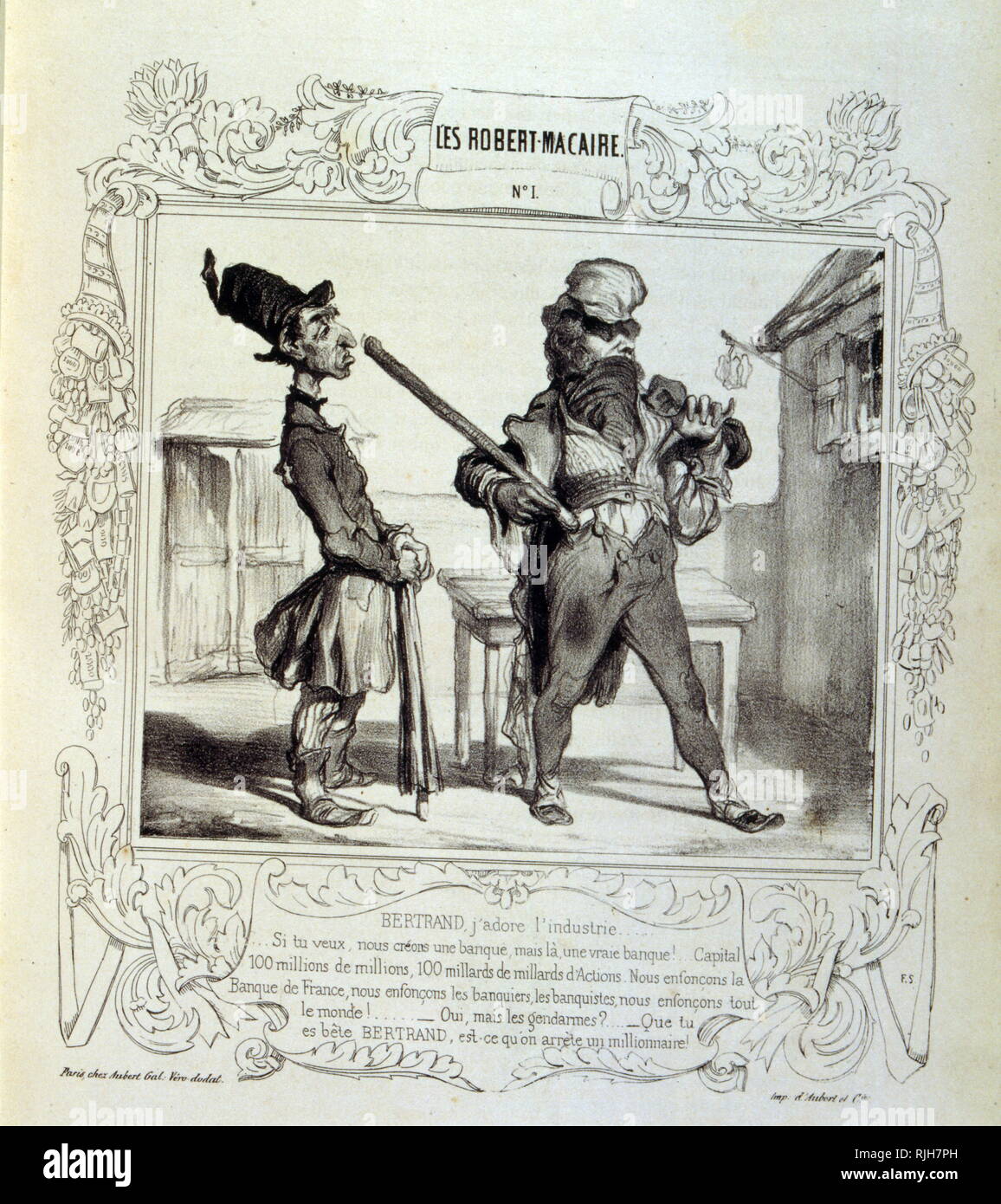 Die Serie von Robert Macaire ist hoch signifikant. Komponiert und durch Abbildung von Honore Daumier gezeichnet, über Ideen und Legenden Philipon, unter dem Titel Les Cent und Robert Macaire (1839). Die großen Zeichnungen werden reduziert und durch ein Comic und Erzählung geschrieben von Journalisten Maurice Alhoy und Louis Huart begleitet. Nachdrücklich als ein Avatar von Don Quijote und Gil Blas, die den Charakter von Robert Macaire vorgestellt, zusammen in einem Tandem mit der naiven, Bertrand, verkörpert in seinen Facetten und mehrere Rollen Stockfoto