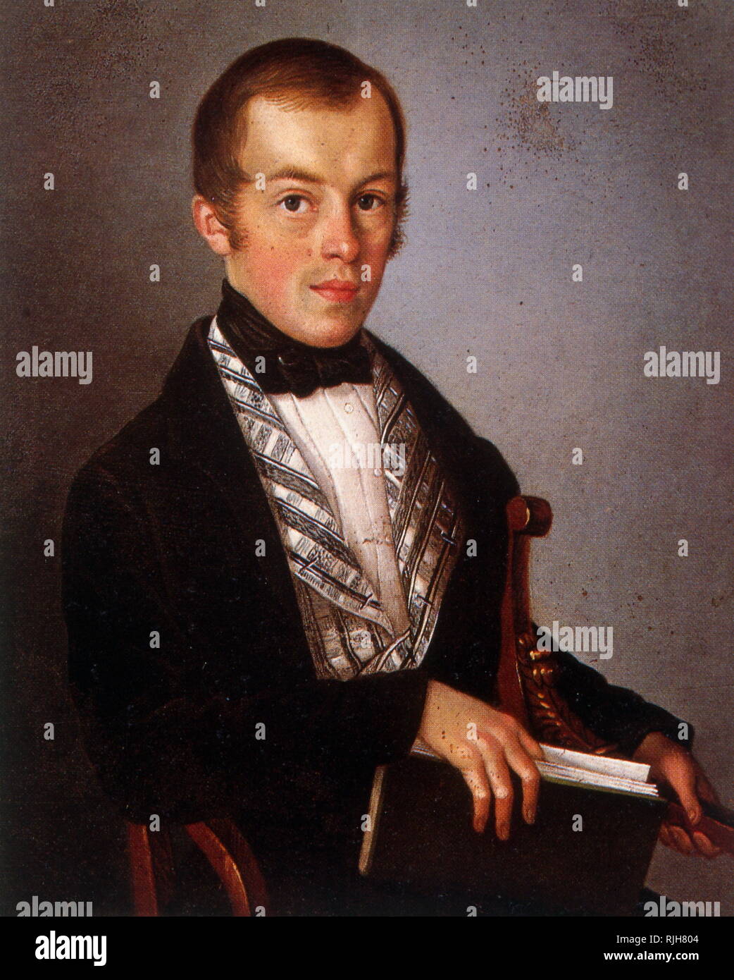 Französische Porträt eines Mannes mit einem Buch in der Hand (Künstler unbekannt). 1840 Stockfoto