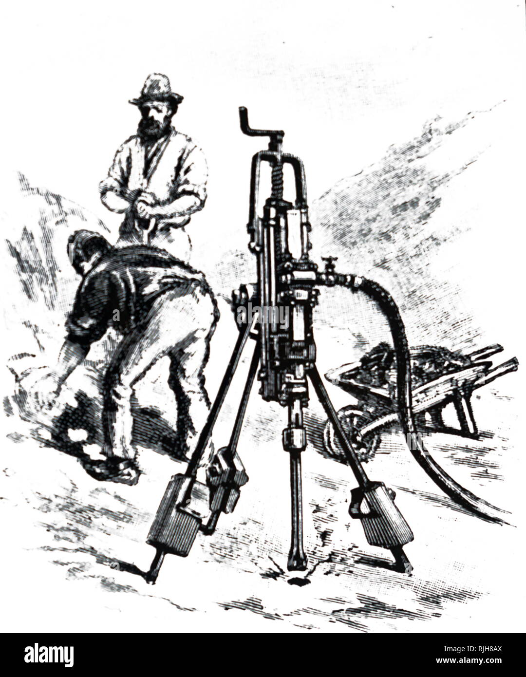 Ein kupferstich mit der Darstellung eines pneumatischen Sämaschine. Eine pneumatische Sämaschine ist ein Werkzeug, das benutzt wird, bis zu Rock und Pflaster durch komprimierte Luft laufen. Vom 19. Jahrhundert Stockfoto