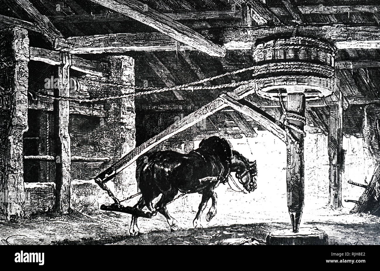 Eine Gravur, ein Pferd - nach Lust und Laune (oder Pferd - Gin) für Heben der Kohle von einem Bergwerk verwendet. Vom 19. Jahrhundert Stockfoto