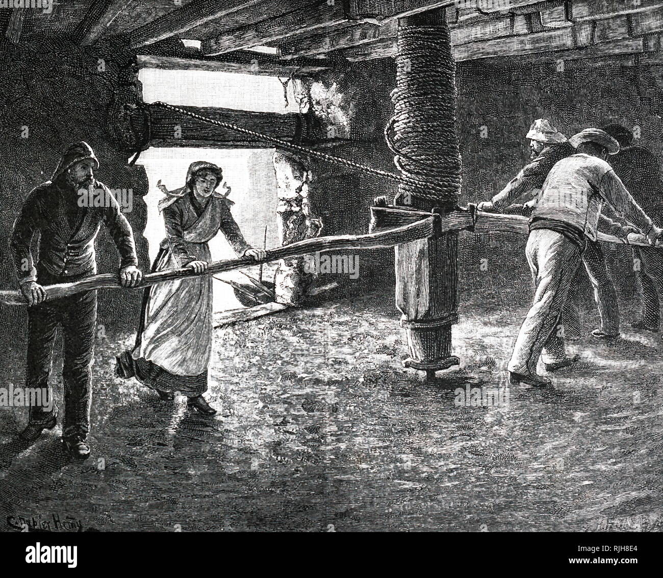 Eine Gravur, Cornish Fischerfamilien schleppen in die Boote mit einer Winde. Vom 19. Jahrhundert Stockfoto
