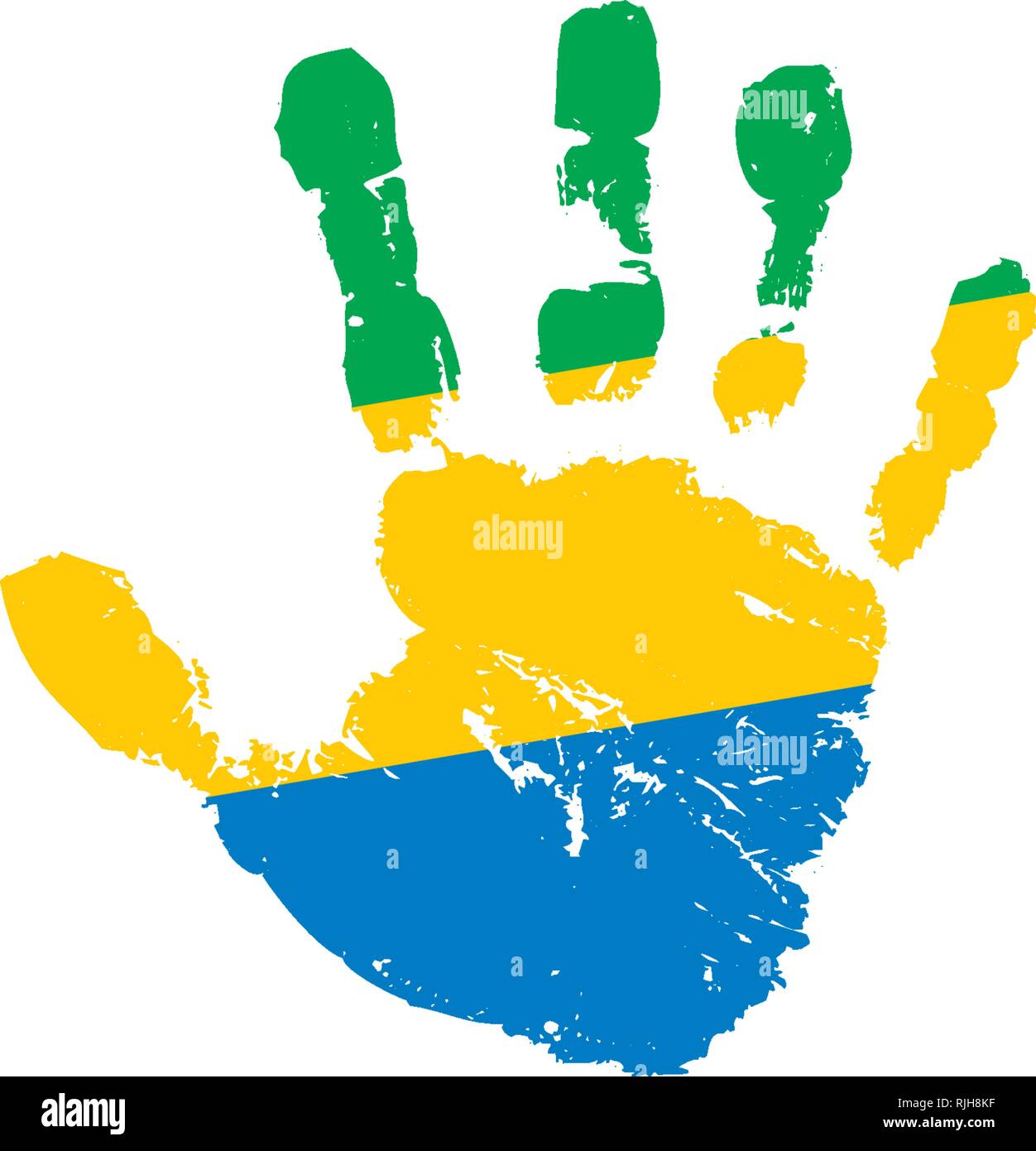 Gabun Flagge und Hand auf weißem Hintergrund. Vector Illustration Stock Vektor