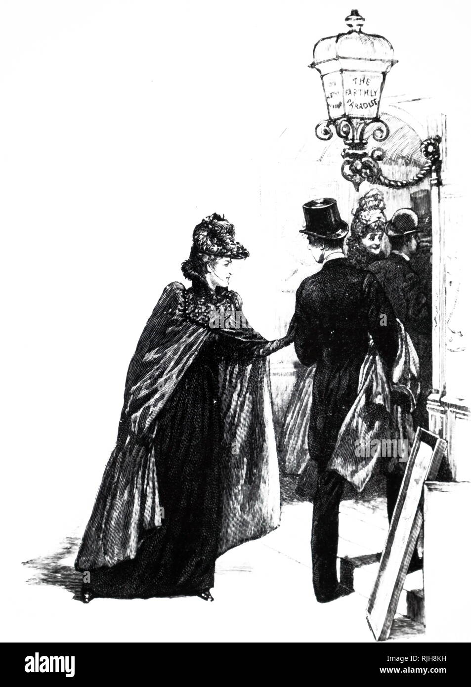 Eine Gravur der Darstellung einer Frau mit einem Mantel und verhüllte Hut. Ein Lämpchen leuchtet auf, und die Szene. Vom 19. Jahrhundert Stockfoto