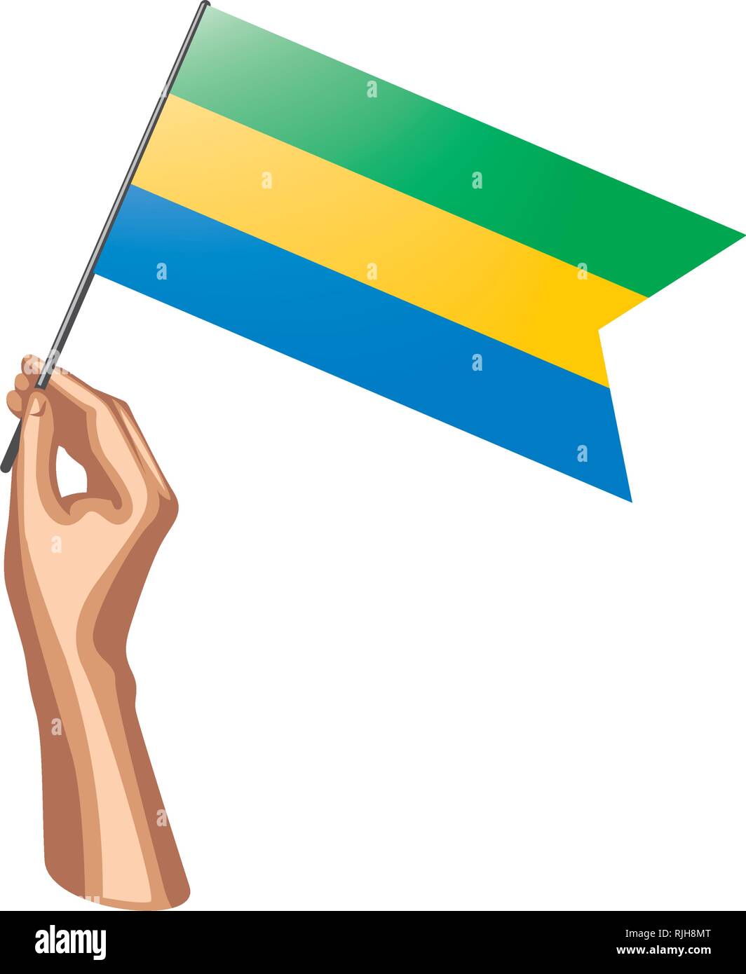Gabun Flagge und Hand auf weißem Hintergrund. Vector Illustration Stock Vektor