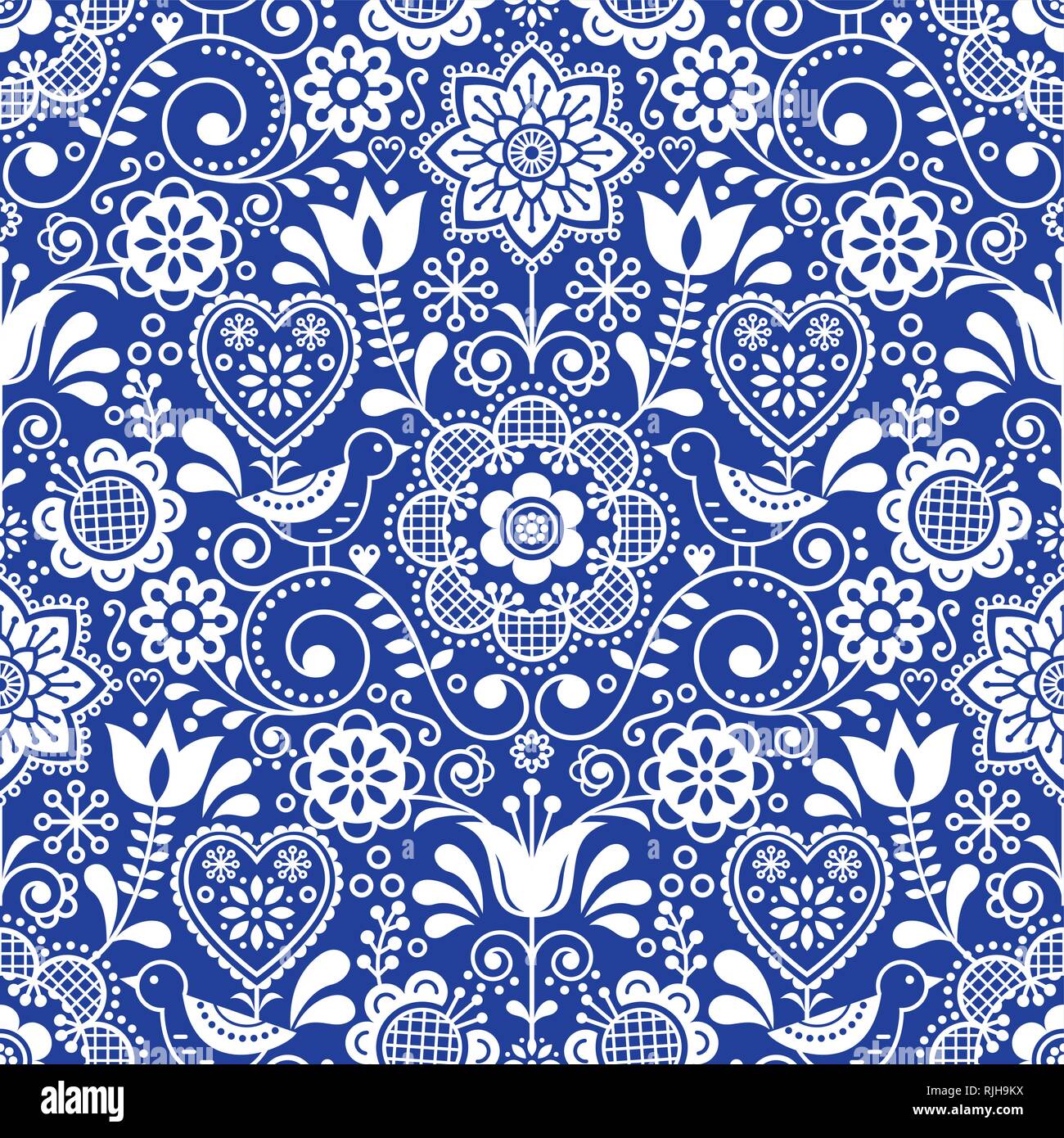 Nahtlose Volkskunst vector Pattern mit Vögeln und Blumen, Skandinavischen repetitive Blumenmuster in Weiß auf Blau Stock Vektor