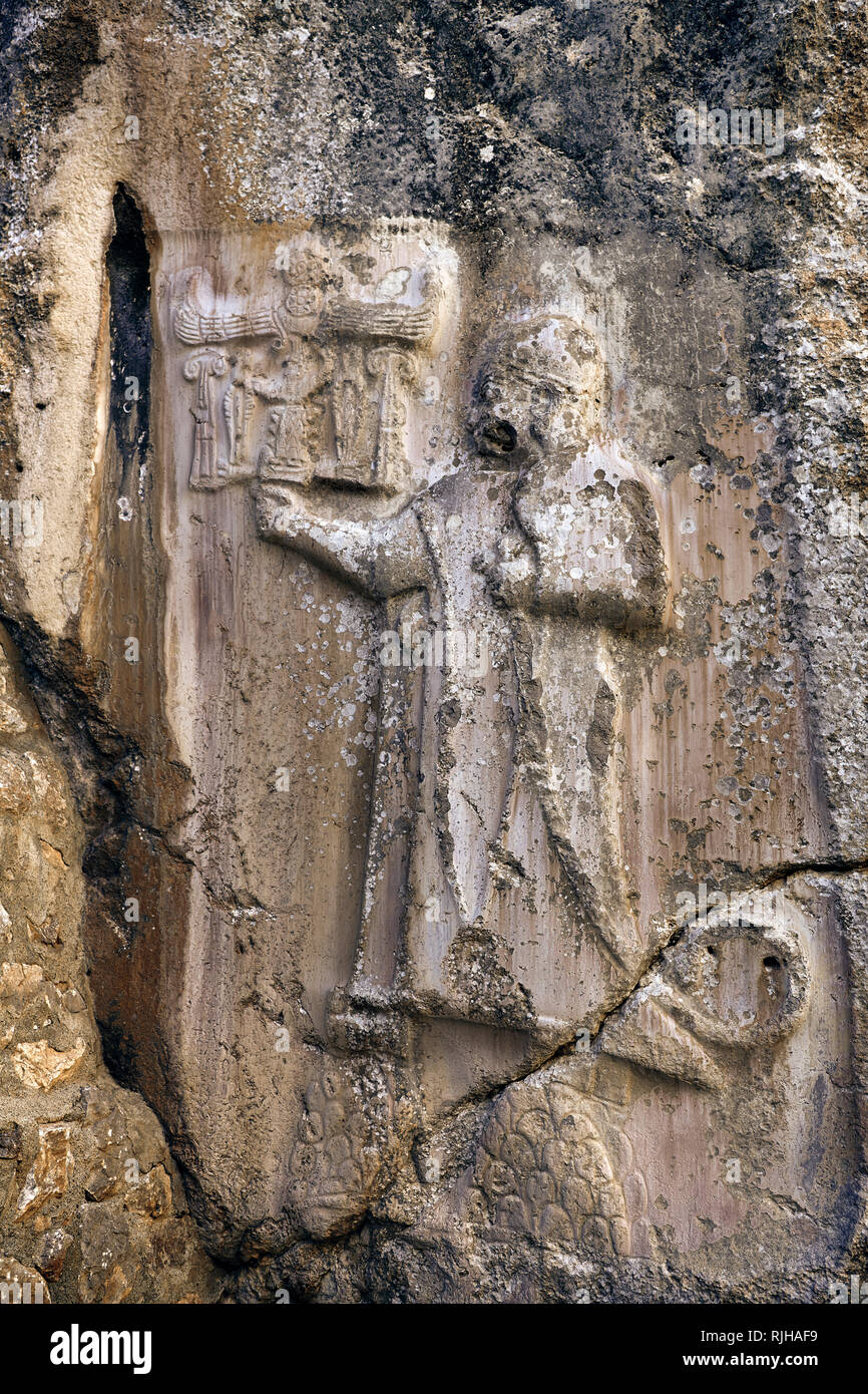 Gott Abbildung aus dem 13. Jahrhundert v. Chr. Hethiter religiösen Felszeichnungen von Yazılıkaya Hethiter rock Heiligtum, Kammer ein, Hattusa, Bogazale, Türkei. Stockfoto