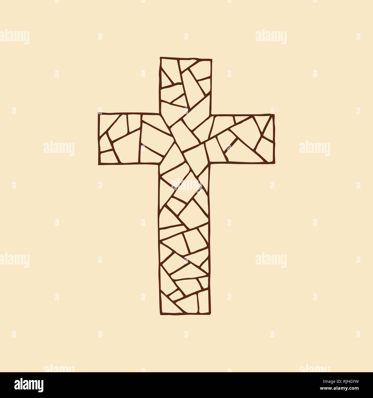 Das Kreuz des Herrn und Heiland Jesus Christus, in der Technik des Mosaiks hergestellt, von Hand gezeichnet. Christliche und biblische Symbole. Stock Vektor