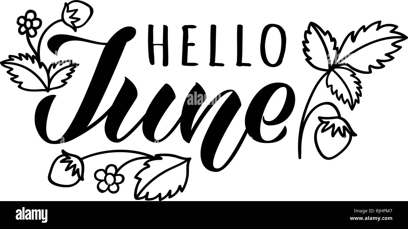 Hallo Juni handgezeichneten Schriftzug Karte mit Doodle Blätter und Erdbeeren. Inspirational Sommer Angebot. Motivierende drucken Für die Einladung oder Gruß c Stock Vektor