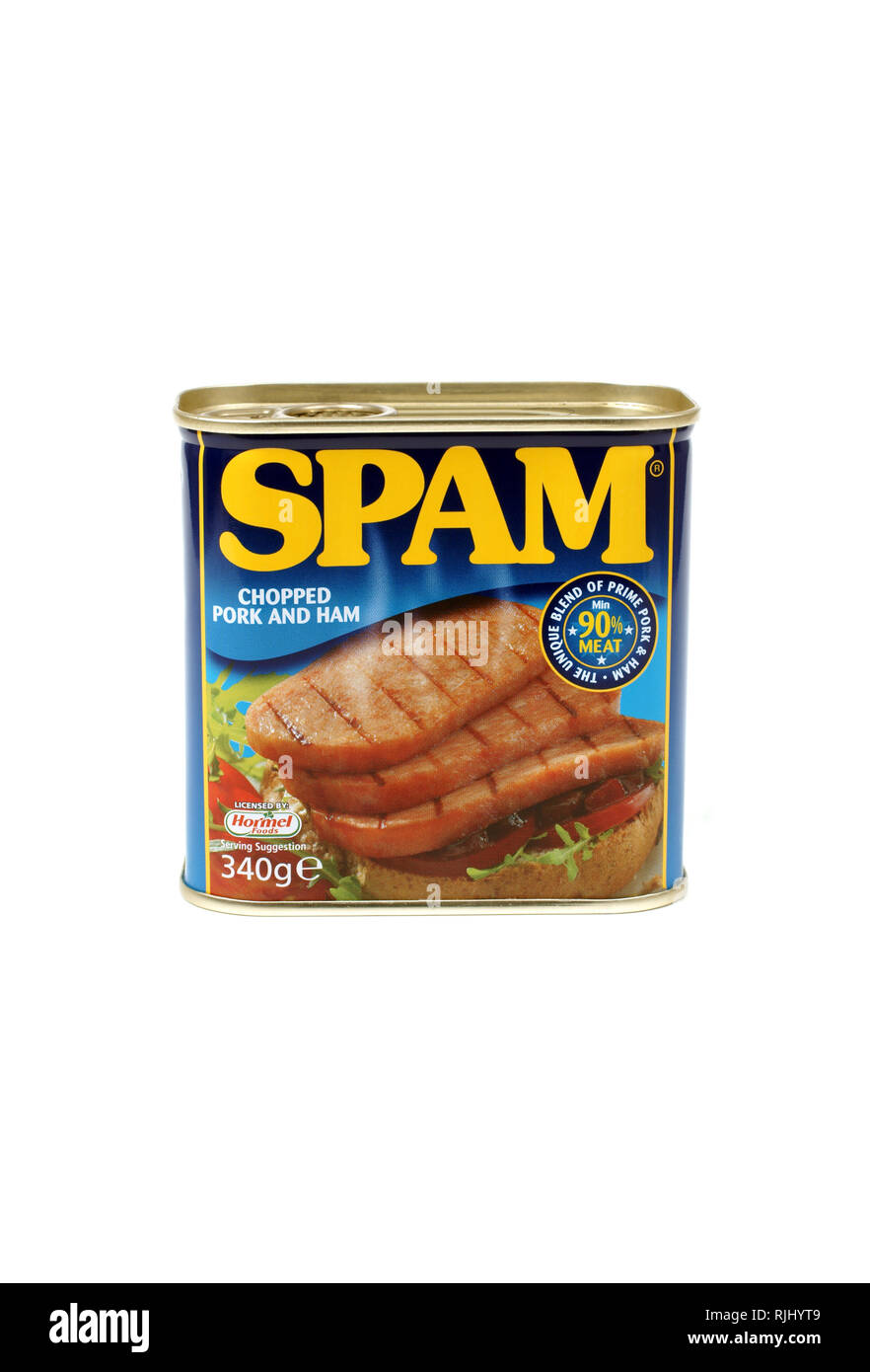 Spam eine Marke von Konserven vorgekocht gehackter Schweineschulter mit Schinken im Jahre 1937 von der Hormel Foods Corporation im Jahr 1937 eingeführt. Stockfoto