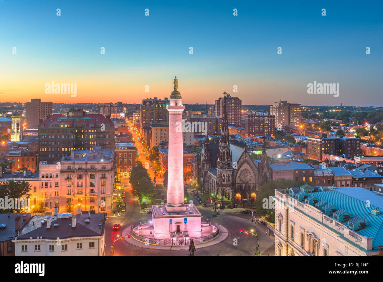 Baltimore, Maryland, USA Stadtbild am Mt. Vernon und dem Washington Monument. Stockfoto