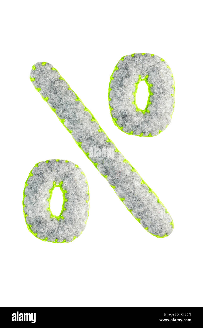 Prozent typografische Zeichen (%) aus grauem Filz auf einem weißen Hintergrund. Teil des Alphabets aus grauem Filz. Ladbare Schrift mit abgerundeten Kanten für uns Stockfoto