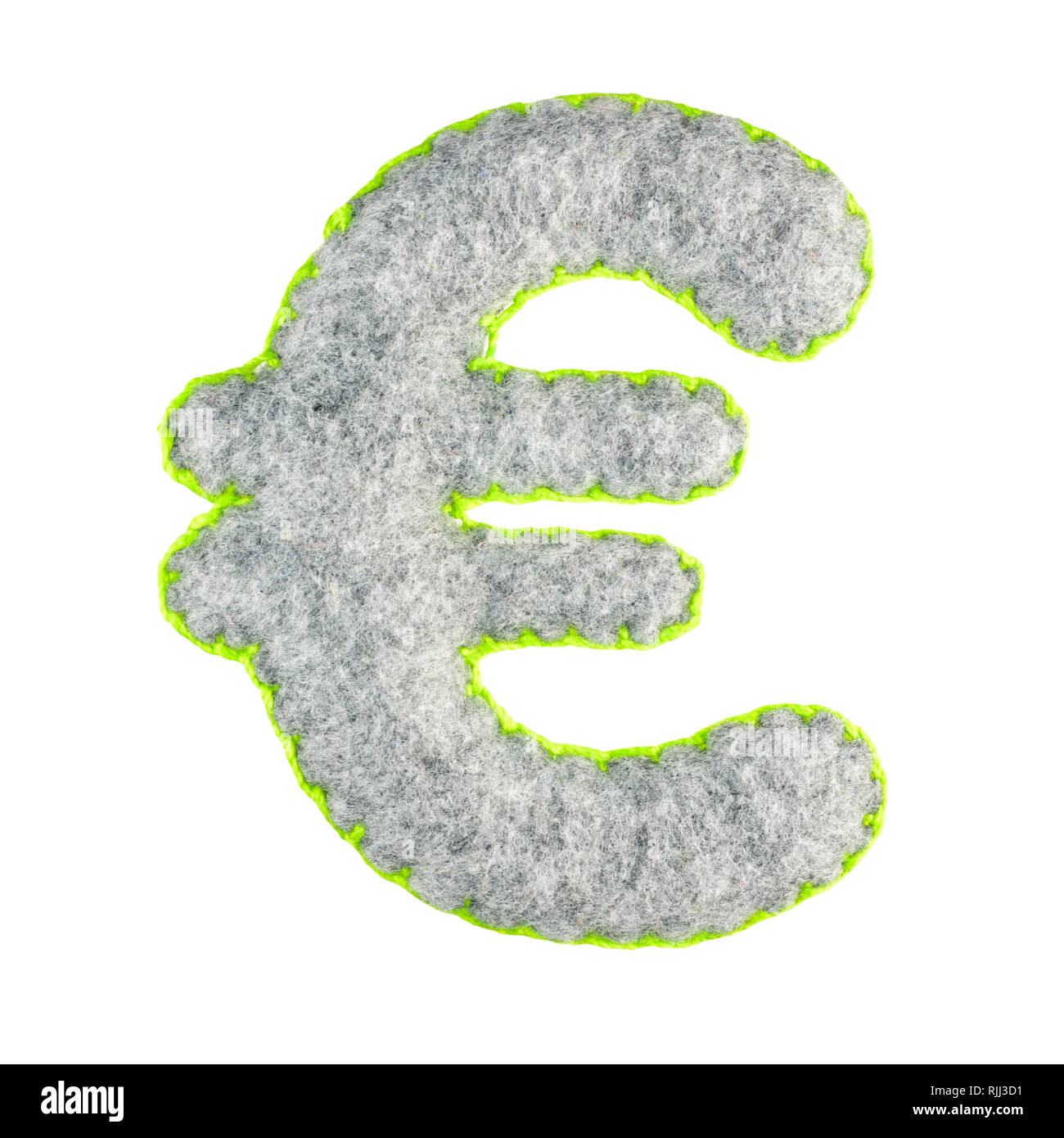 Euro Symbol (?) typografische Zeichen aus grauem Filz auf einem weißen Hintergrund. Teil des Alphabets aus grauem Filz. Ladbare Schrift mit abgerundeten Kanten für Stockfoto