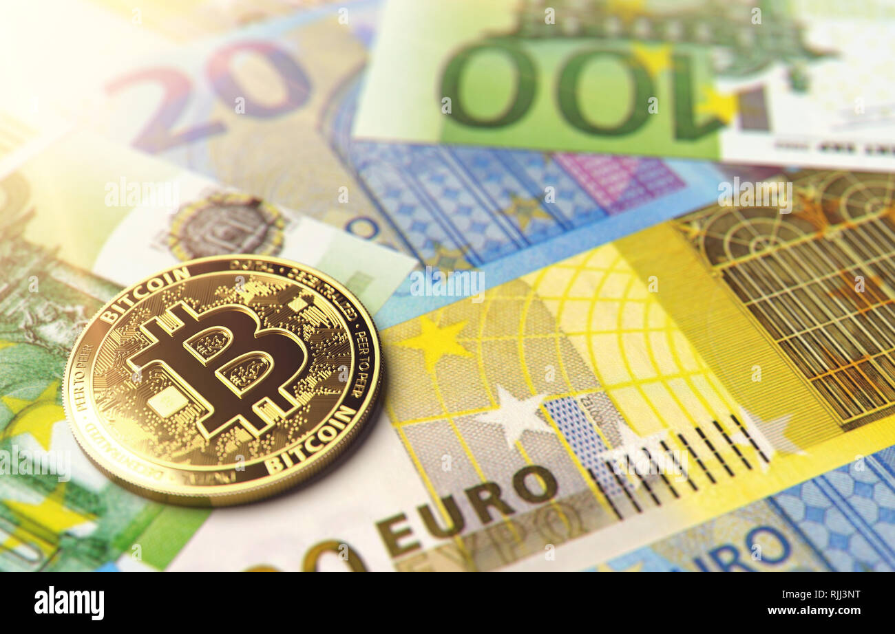 Bitcoin Münze Verlegung auf Euro Rechnungen. Preis von Bitcoin im vereinten Europa Konzept. 3D-Rendering Stockfoto