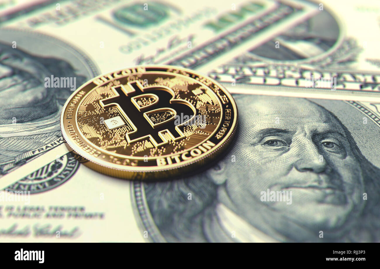 Nahaufnahme auf Bitcoin Münze Verlegung auf Dollarscheine. Preis von Bitcoin in United States Konzept. 3D-Rendering Stockfoto