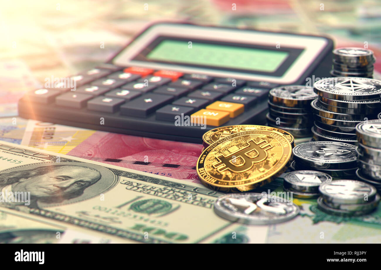Taschenrechner, Bitcoin und andere cryptocurrencies. Gebühren und Steuern auf cryptocurrency Investitionen. 3D-Rendering Stockfoto