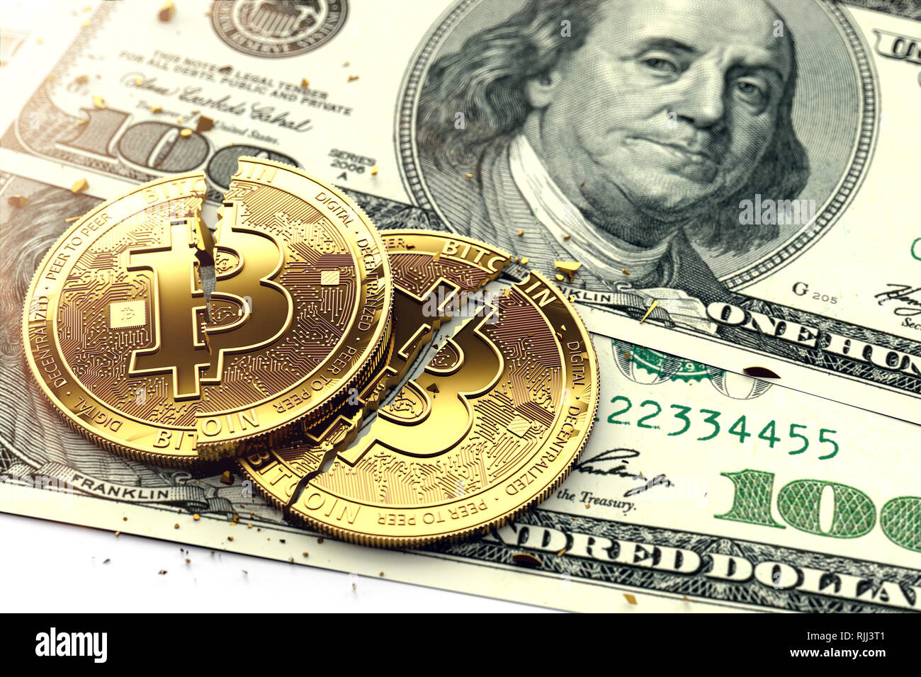 Zwei gebrochene Bitcoin Münzen Verlegung auf dollarscheine. Risse bitcoins als Symbol des Scheiterns von cryptocurrencies. 3D-Rendering Stockfoto