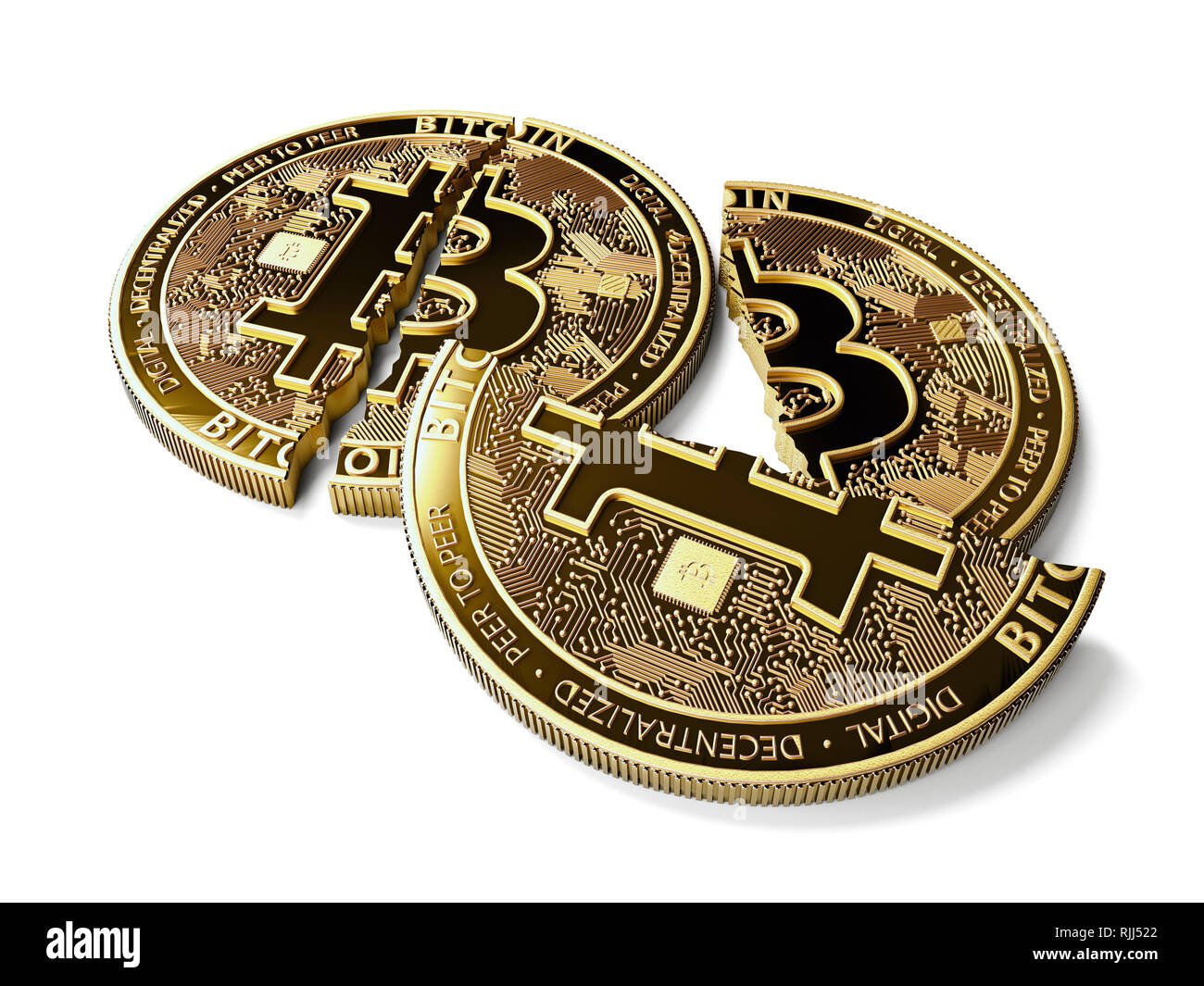 Stapel von gebrochene oder gerissene Bitcoin Münzen Festlegung auf weißem Hintergrund. Bitcoin crash Konzept. 3D-Rendering Stockfoto