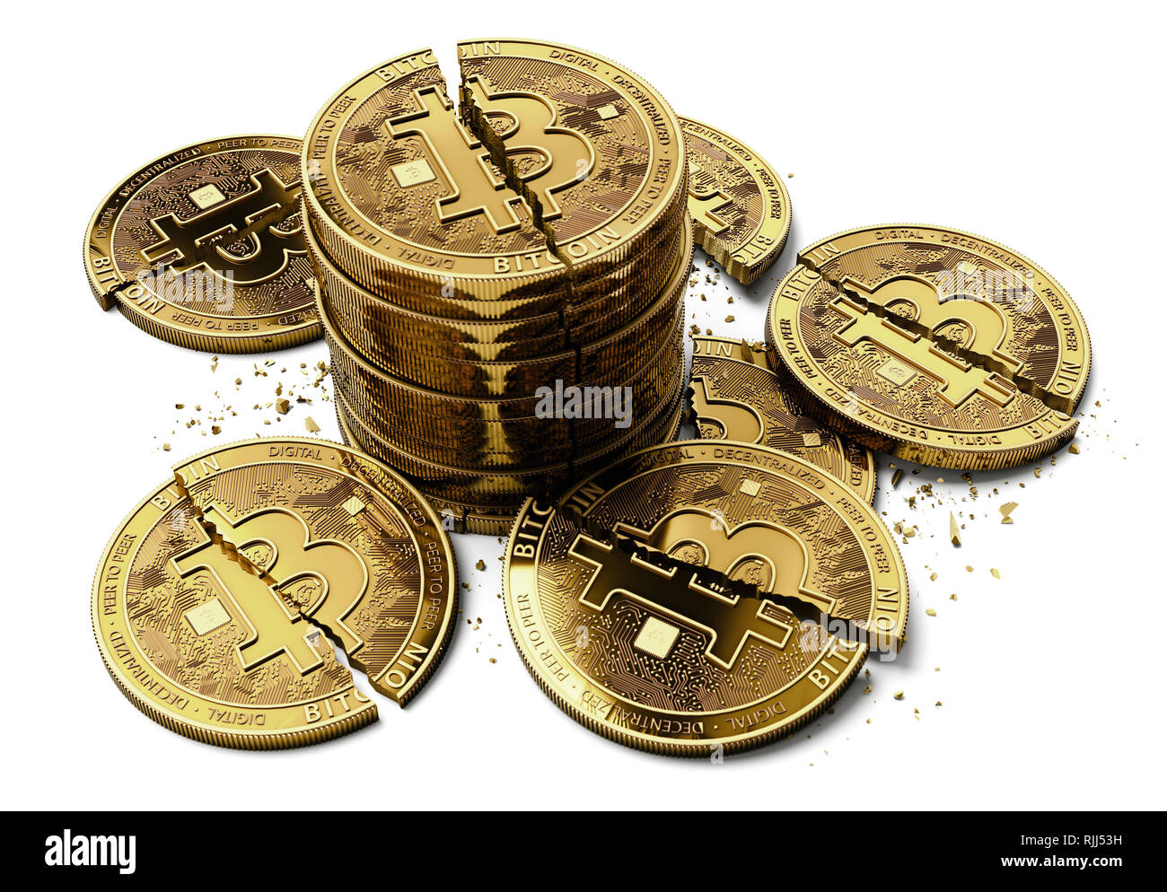 Stapel der gebrochene oder gerissene Bitcoin Münzen Festlegung auf weißem Hintergrund. Bitcoin crash Konzept. 3D-Rendering Stockfoto