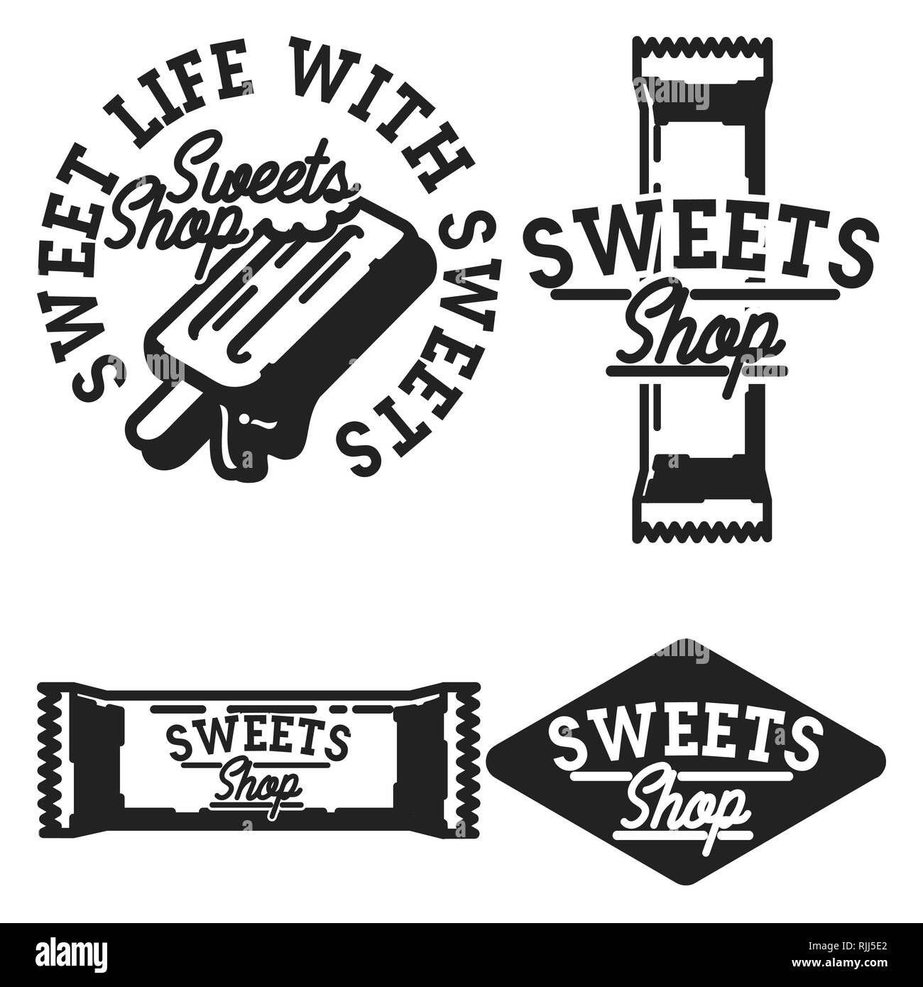 Vintage Süßigkeiten Shop Embleme. Desserts und süße Shop. Vector Illustration. Stock Vektor