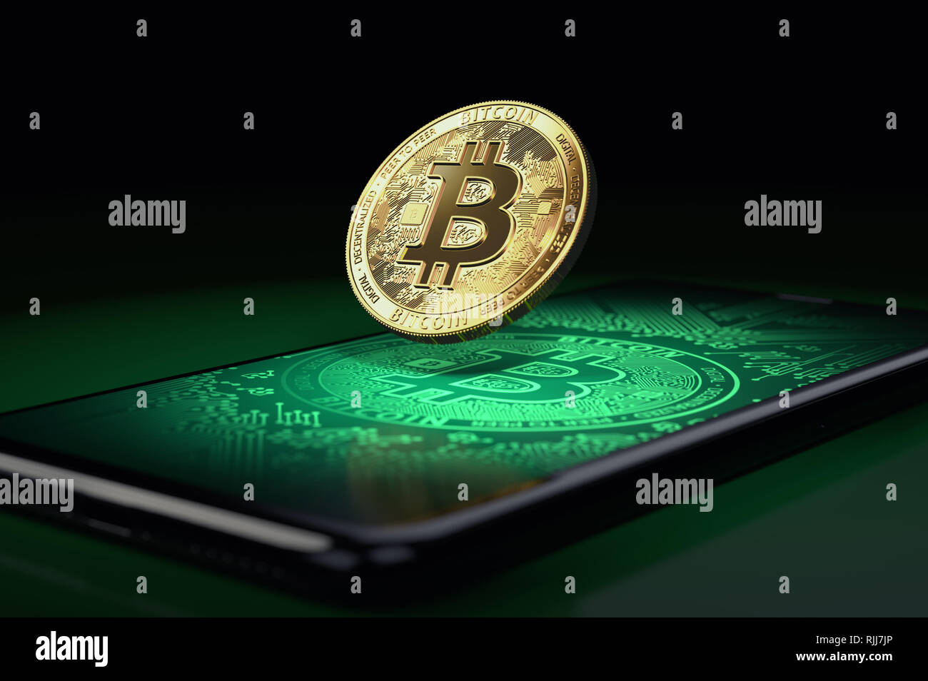 Frei schwebende Bitcoin über einen Bildschirm des Smartphones mit blockchain und bitcoin Bilder auf dem Display. 3D-Rendering Stockfoto
