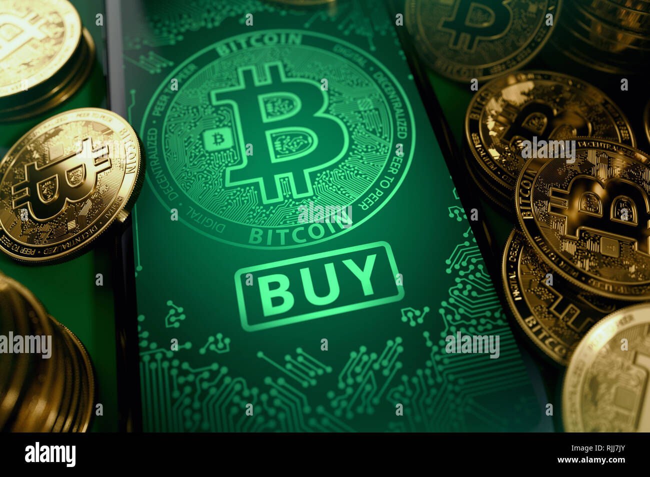 Nahaufnahme auf einem Smartphone mit Bitcoin Bild und großen KAUFEN" auf der Anzeige. Bitcoin Chancen Konzept kaufen. 3D-Rendering Stockfoto