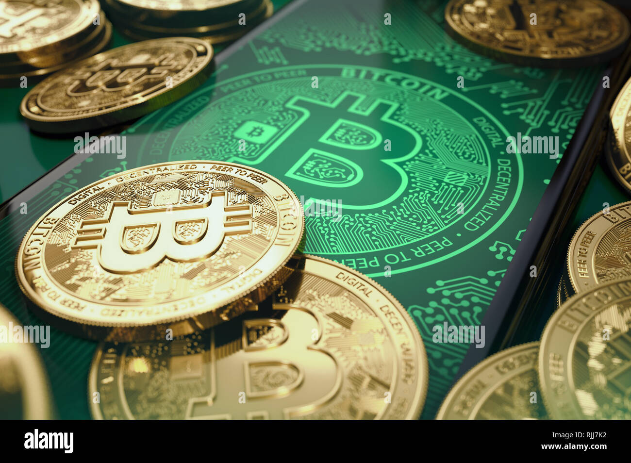 Stapel von bitcoin Münzen der Bildschirm des Smartphones. Bitcoin virtuelle Geldbörse Konzept. 3D-Rendering Stockfoto
