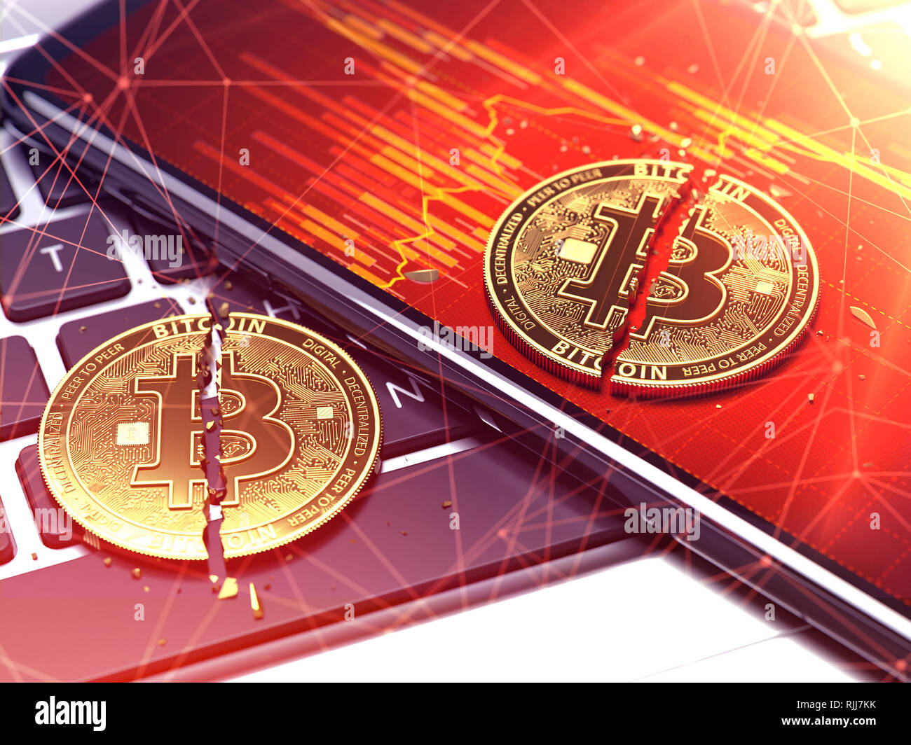 Zwei gebrochene Golden bitcoin Münzen zur Festlegung. Cryptocurrencies Preis absinkt. 3D-Rendering Stockfoto